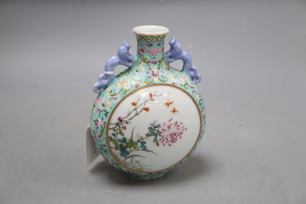 A Chinese enamelled turquoise moonflask, height 16cm